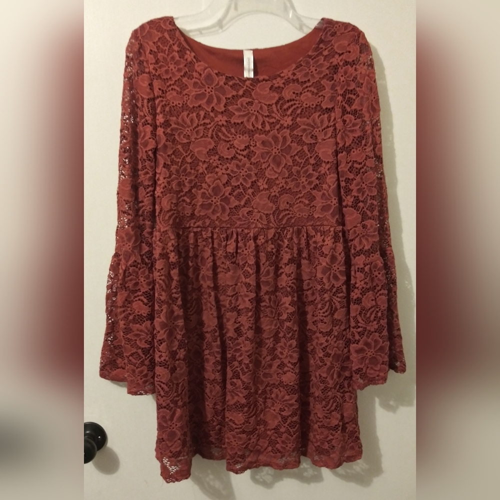 Peppermint Dress Medium Burnt Orange Floral Lace Flare Long Sleeve Lined Short